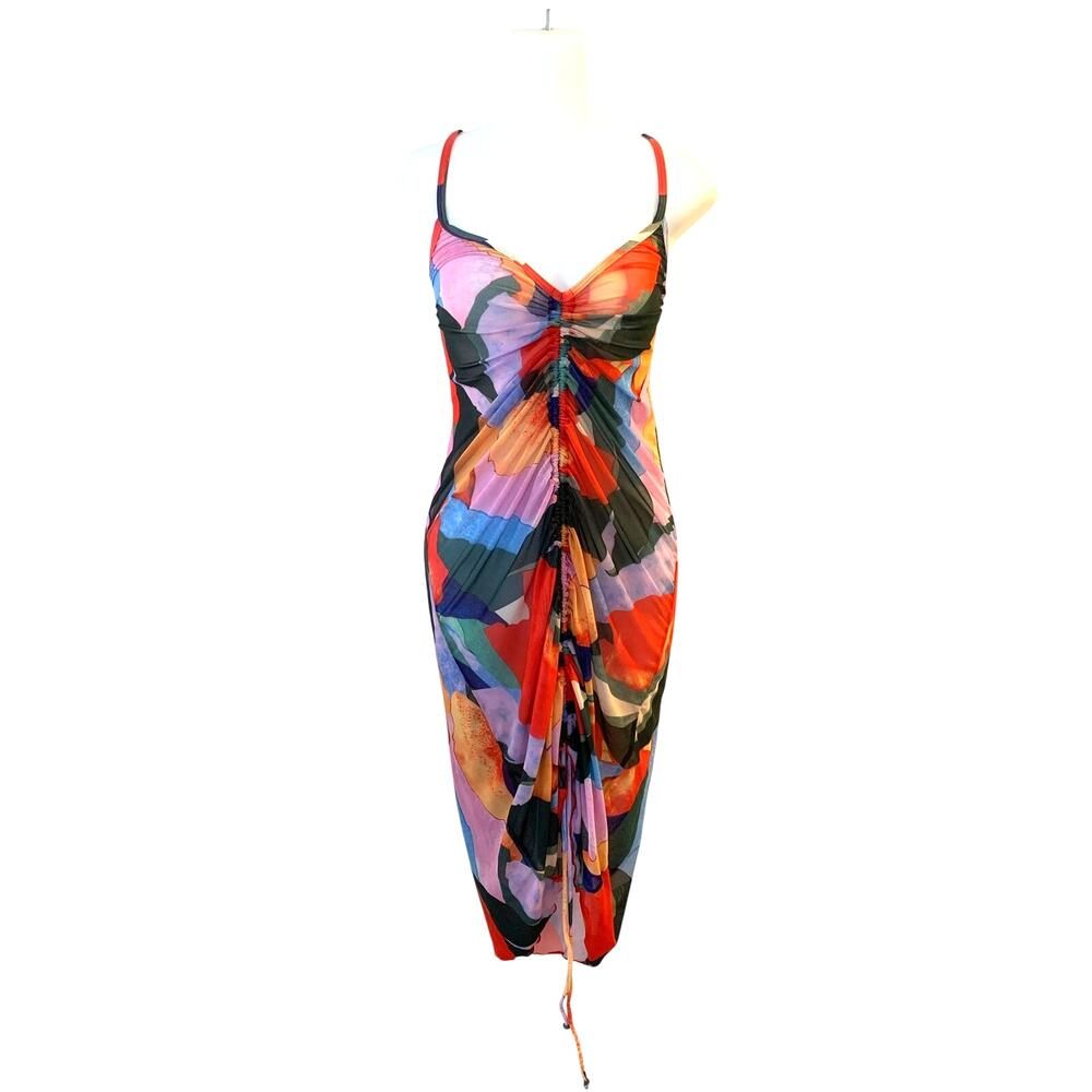 Colorful Abstract Print Ruched Mesh Bodycon Sheer Dress Large Vacation Beach